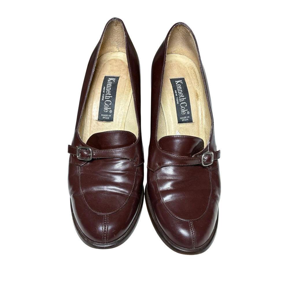 Vintage Kenneth Cole Spain Brown Leather Block Heel Loafers Buckle Strap 9